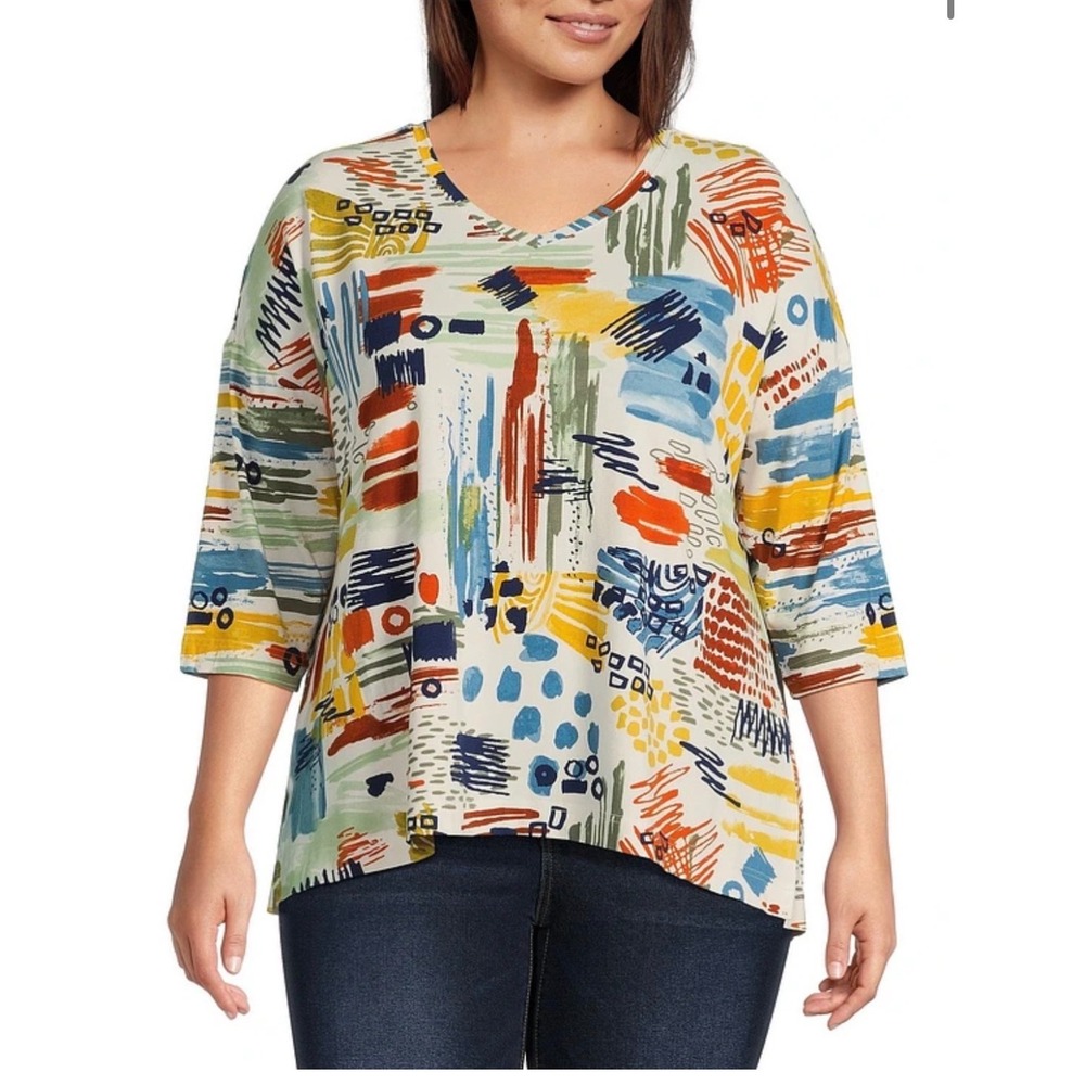 Ali Miles Womens V-Neck Tunic Top 3/4 sleeve Multi Abstract Brushstroke Print L